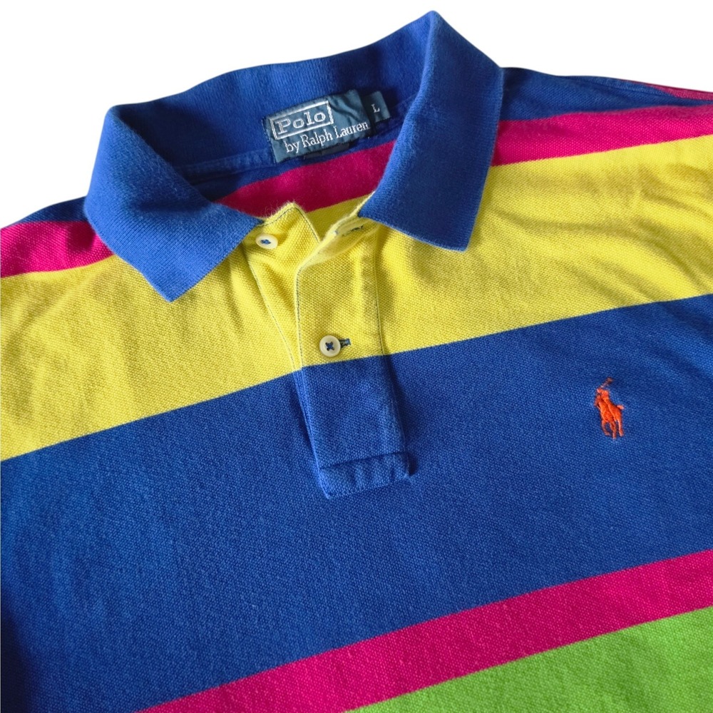 Vintage Polo Ralph Lauren Mens Polo Shirt Multi Color Stripe Short Sleeve Large
